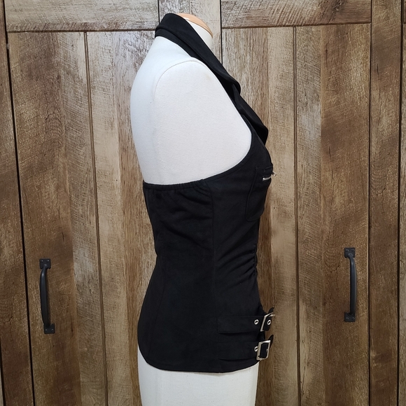 *SOLD* Black Sexy Halter Top Velvet Feel Stretchy Full Zip - Picture 3 of 8